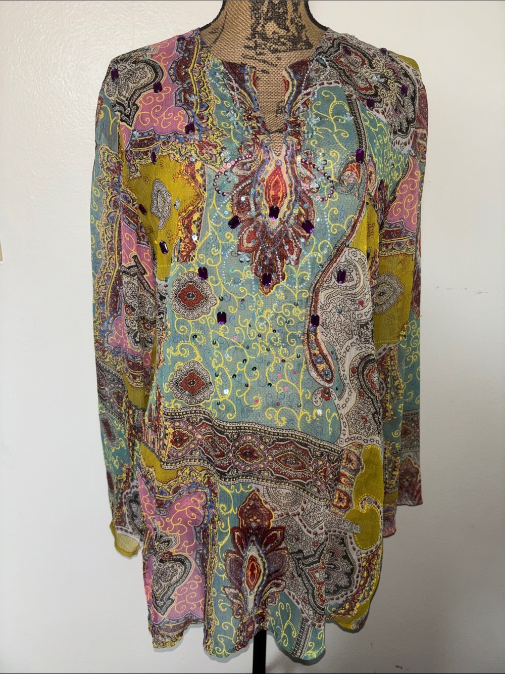 Bohemian Paisley Long-Sleeve Tunic Dress - Multicolor-Sz M